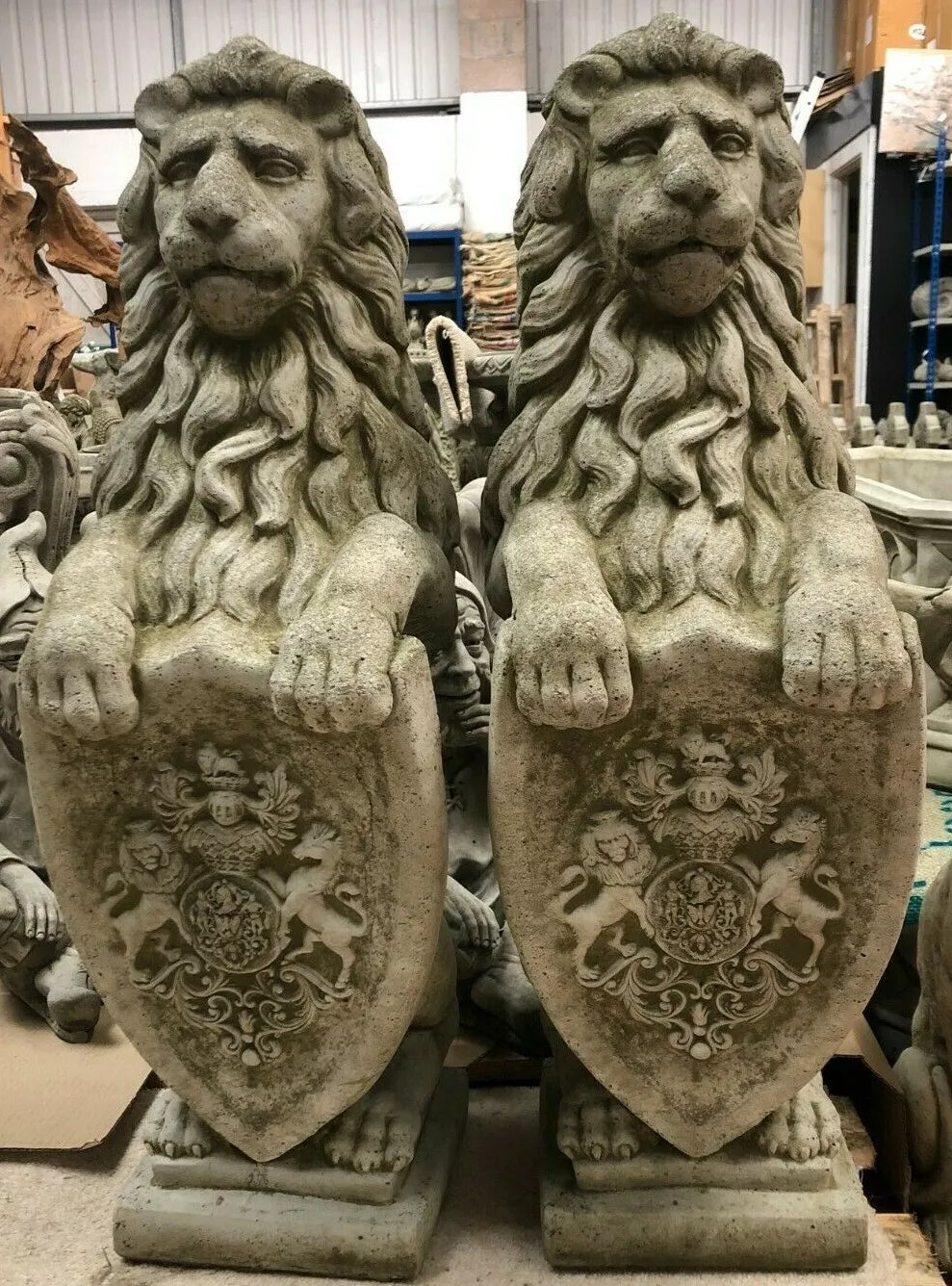 Pair Armorial Lion Statues — Reconstituted Stone Animal Concrete Garden Ornament — alternate product view 2