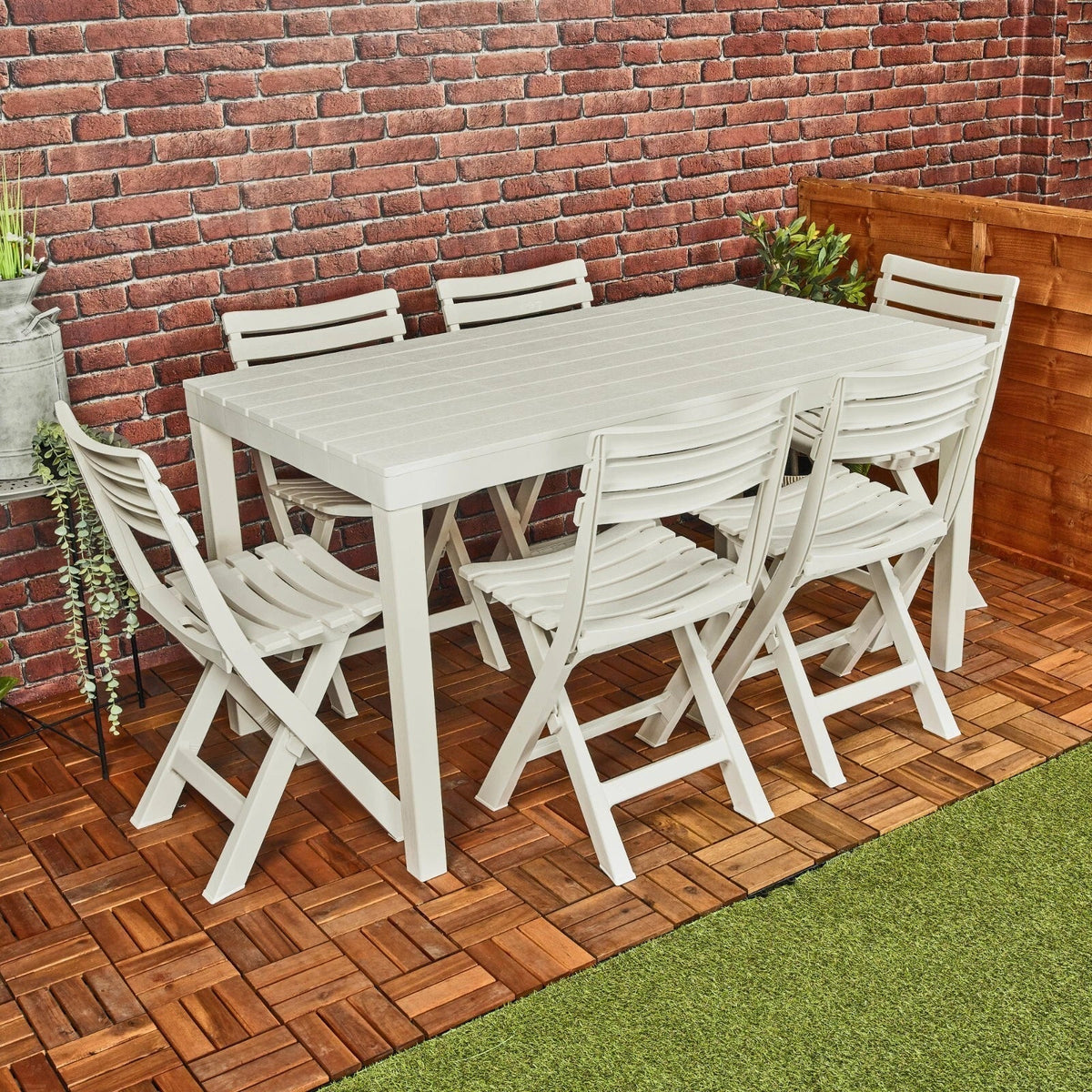 White Garden Plastic Patio Dining Large Table & Folding Chairs Outdoor Furniture — alternate product view 2