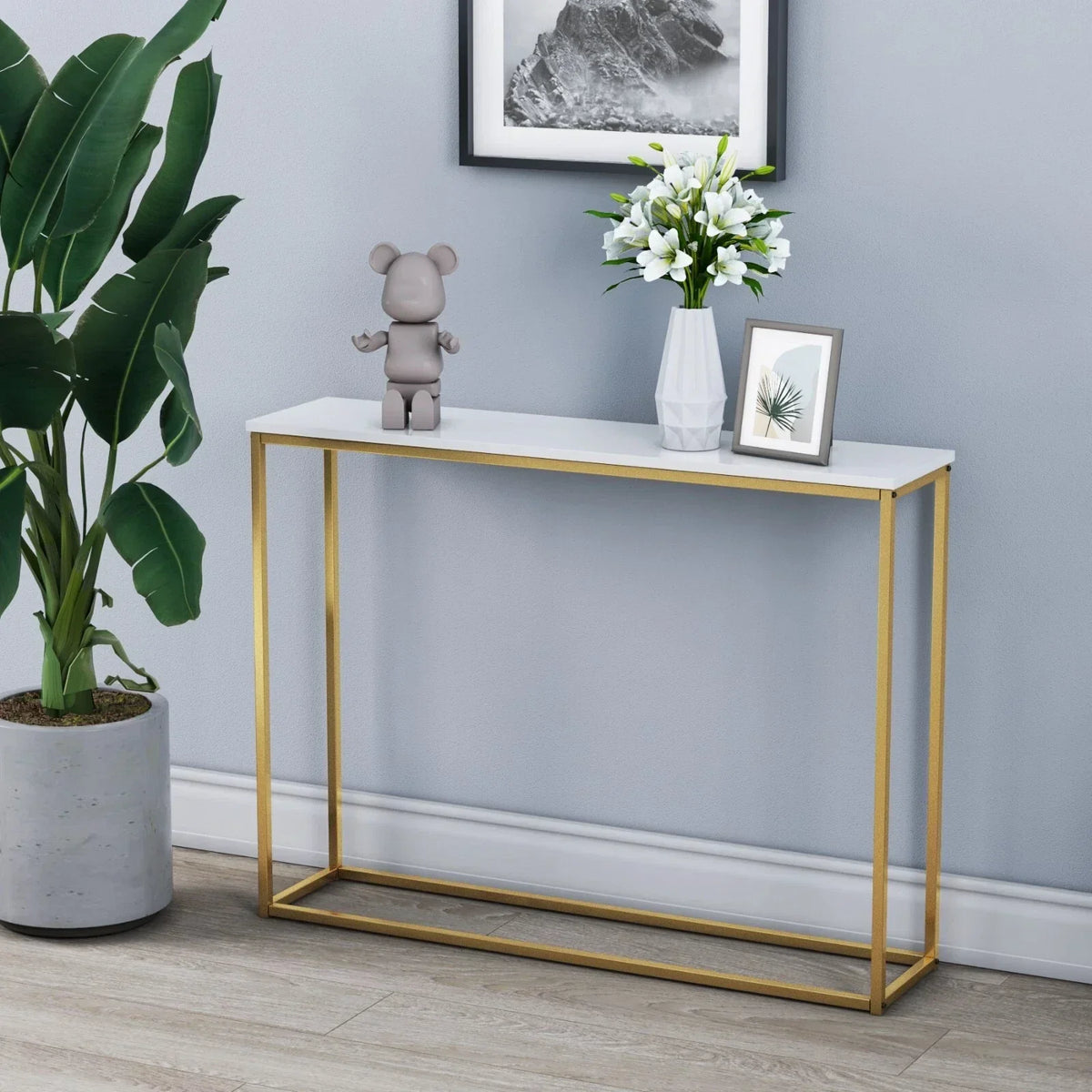 Wooden Free Standing Hallway Console Table Living Room Shelf Display Metal Legs — White Top & Gold leg — product view