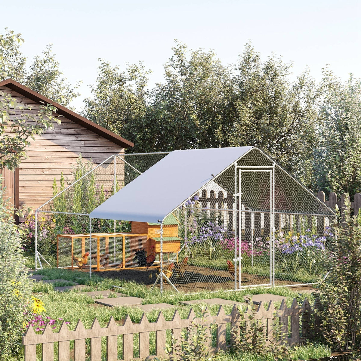 Walk In Chicken Run Galvanized Chicken Coop Hen House w/ Water-Resist Cover — 300x400x200 cm — product view