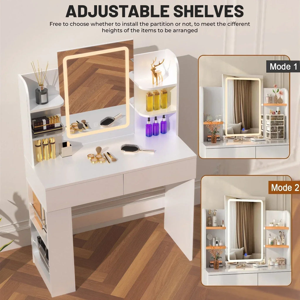 Dressing Table Makeup Desk Vanity Desk With 2 Drawers & LED Mirror & 4 Shelves — alternate product view 7