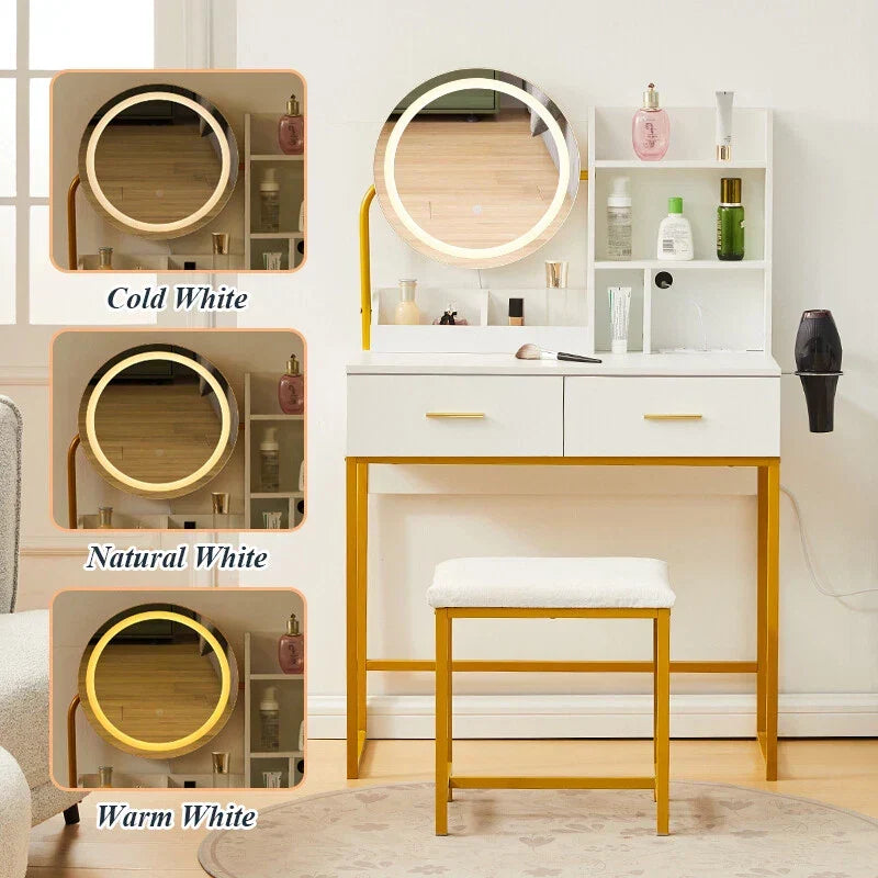 Dressing Table Round Mirror LED Lights Stool Vanity Table Makeup Desk Gold Leg — alternate product view 3