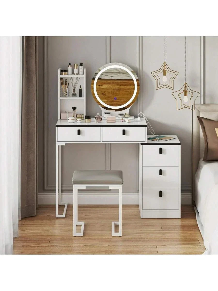 Dressing Table With Mirror Stool, Vanity Table Set With 3 Color Detachable LED — alternate product view 2