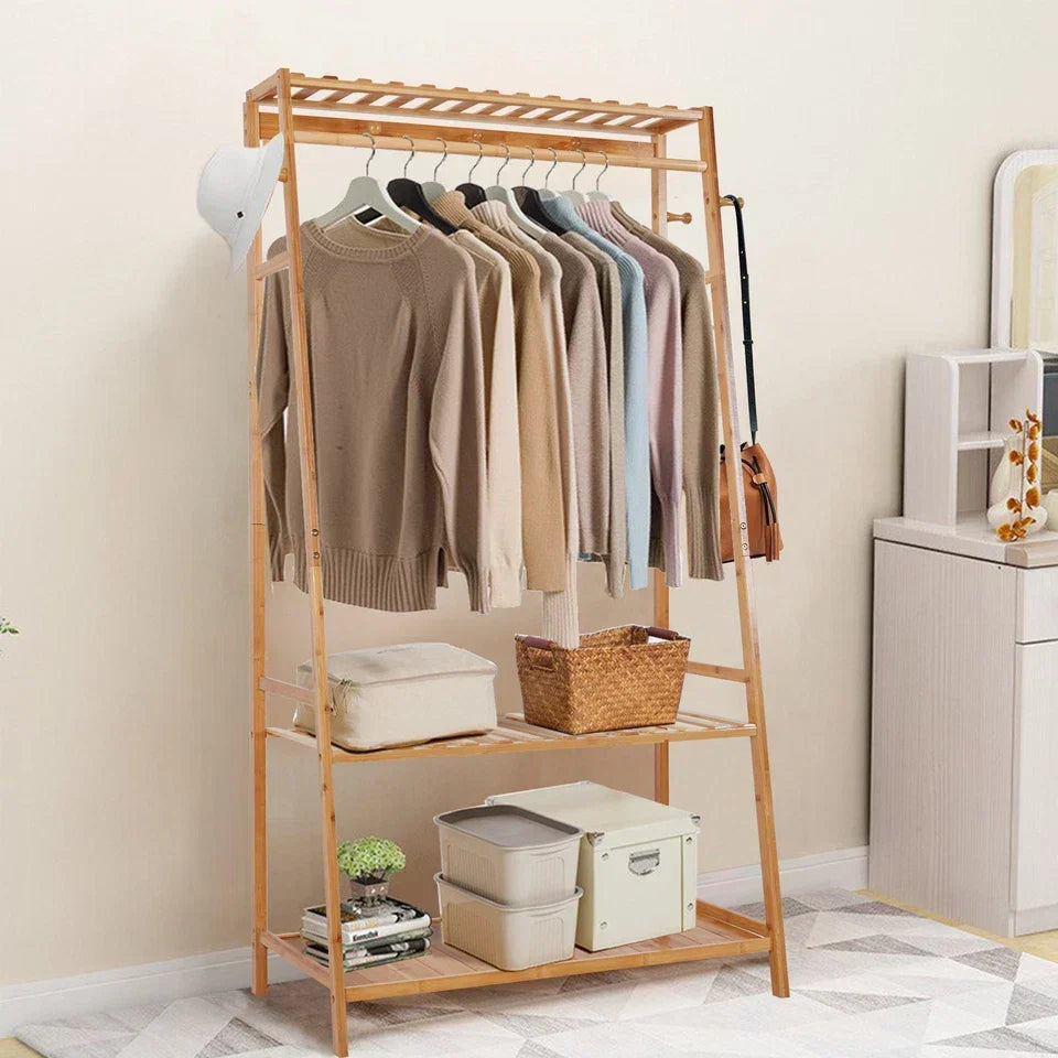 Bamboo Clothes Rail Rack Garment Stand with Top Shelf Shoe Storage Ladder Rails — alternate product view 5