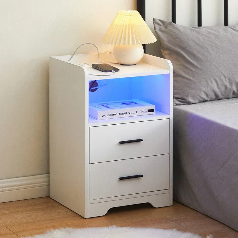 LED Light Bedside Table Nightstand High Gloss 2 Drawers USB Port Power Plug — alternate product view 2