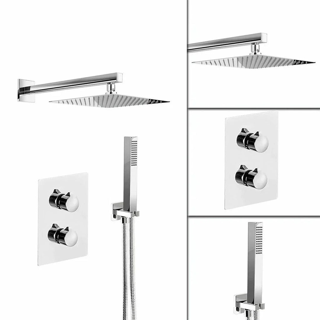 Modern Concealed Square Shower Brass Valve Mixer Twin Head Shower Set Chrome — on a clean white background
