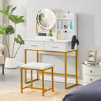 Dressing Table Round Mirror LED Lights Stool Vanity Table Makeup Desk Gold Leg — alternate product view 7