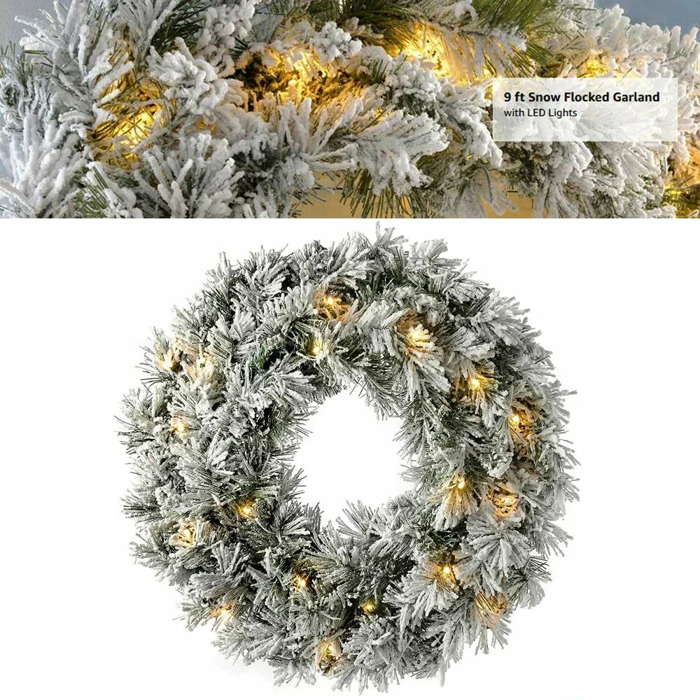 9Ft Christmas LED Pre Lit Garland Snow Flocked Artificial Wreath Xmas Decora — alternate product view 3