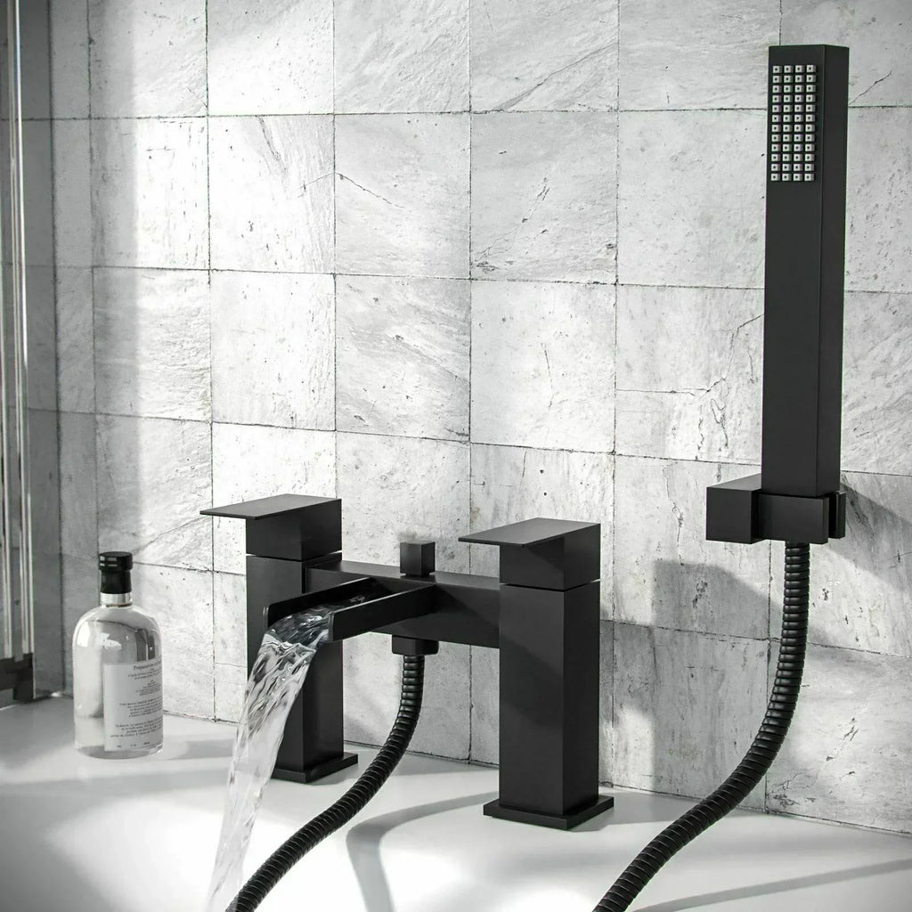 Bathroom Modern Waterfall Black Basin Sink Mono Square Mixer Tap Filler Waste — main product view