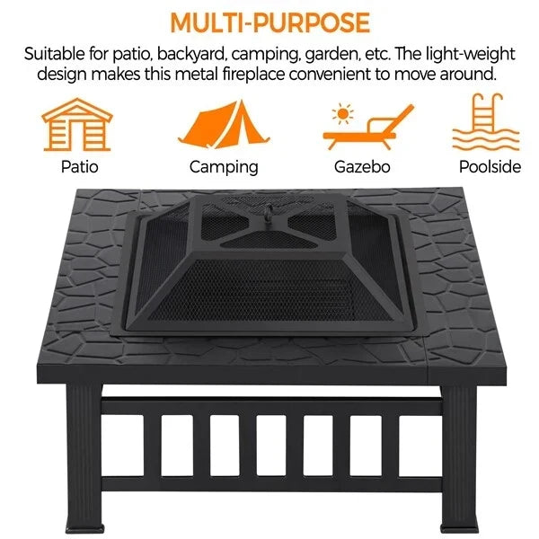 Large Fire Pit BBQ Outdoor Iron Grill Square Garden Table Patio Log Burner Stove — alternate product view 6