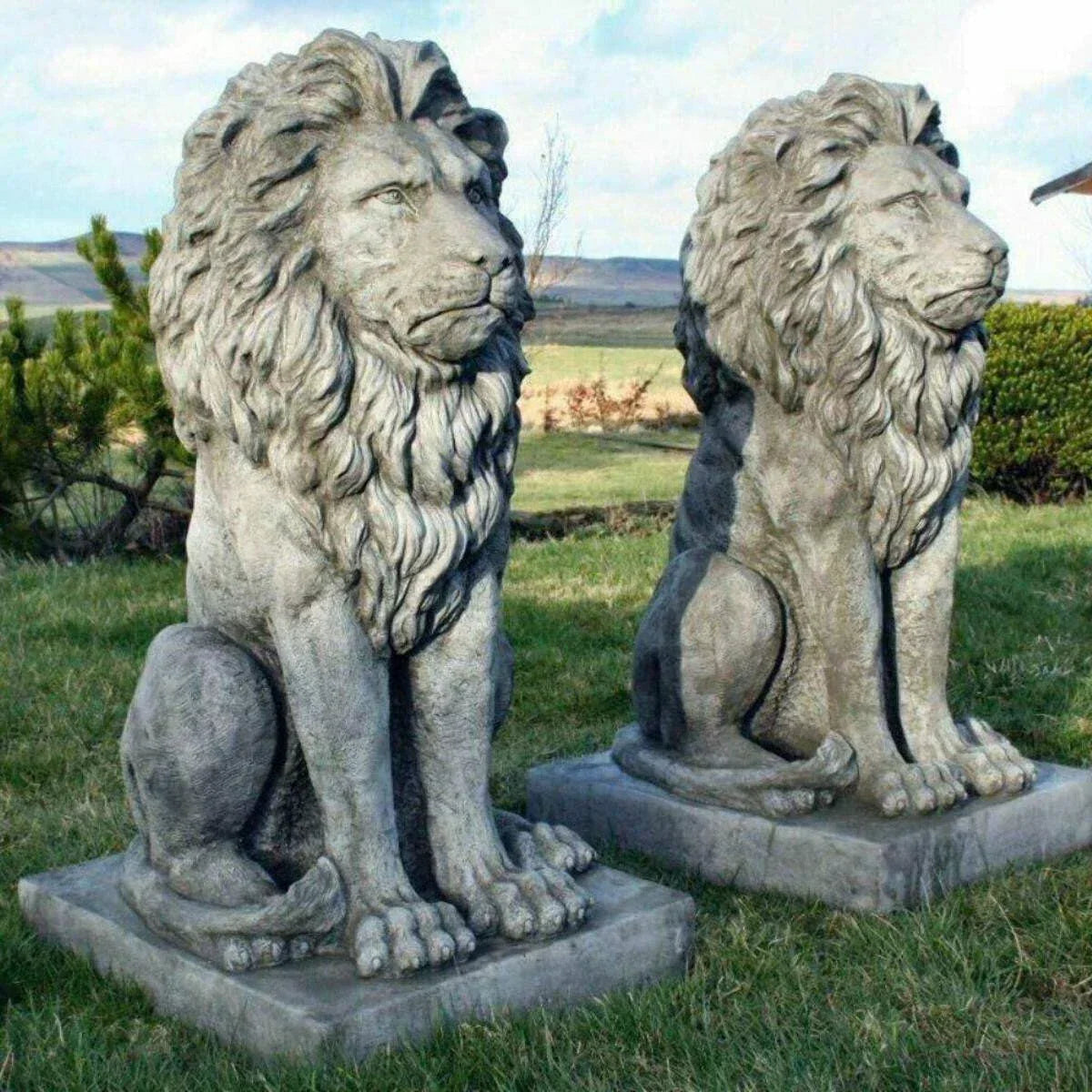 Pair Large Proud Lions Heavy Stone Cast Garden Statues by DGS UK 330KGS — main product view