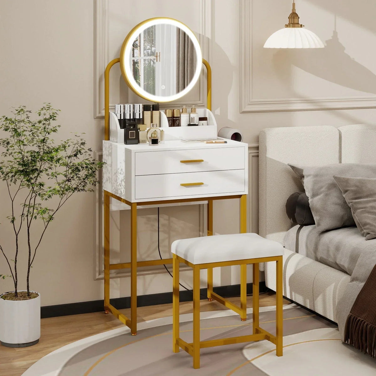 Modern Vanity Dressing Table LED Light Mirror Stool Shelves 2 Drawers Compact — alternate product view 7