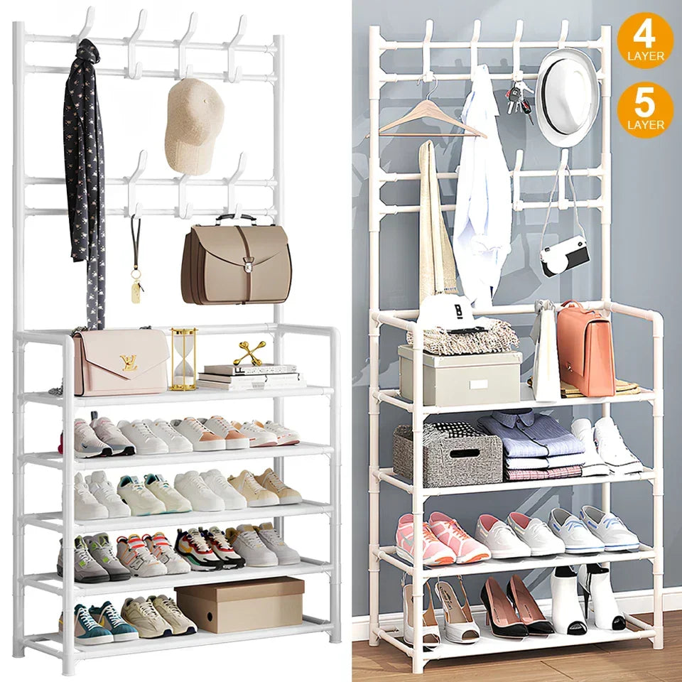 8 Hooks Coat and Hat Stand Metal + Plastic Shoe Rack Bedroom Shelf Hanger — alternate product view 3