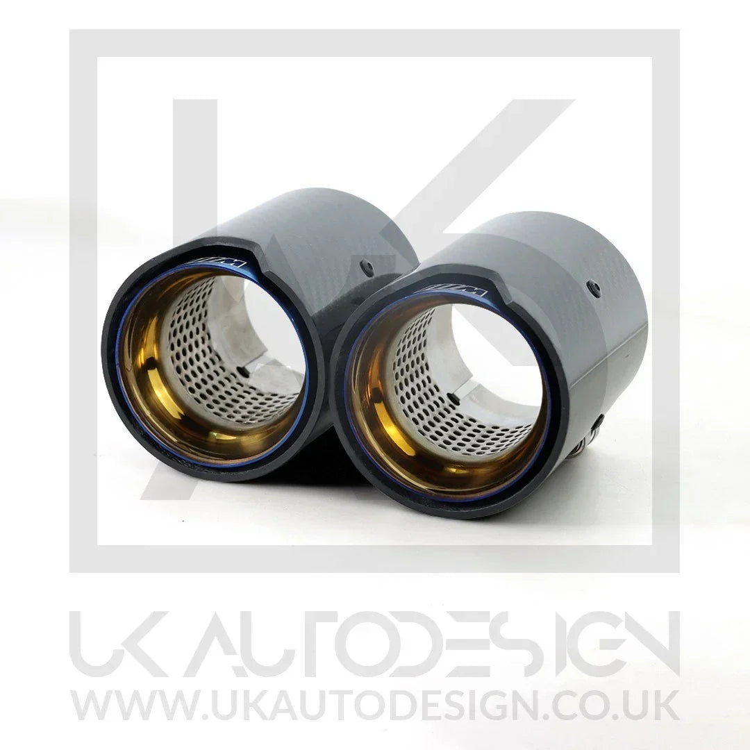 2 x BMW M135i/M140i/M235i/M240i MP Blue Carbon Fibre Exhaust Tip F20/F21/F22/F23 — on a clean white background
