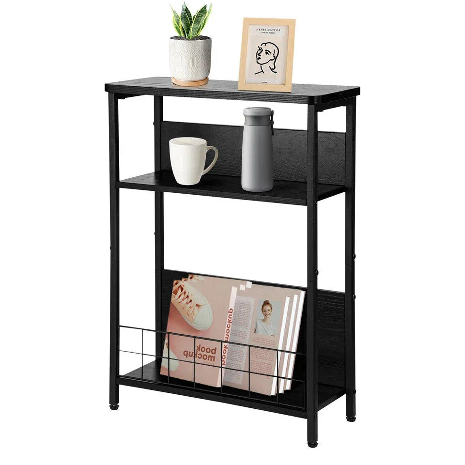 Vintage Narrow Side Table with Storage Shelf, 3 Tier Slim End Table Modern Sofa — Black — product view