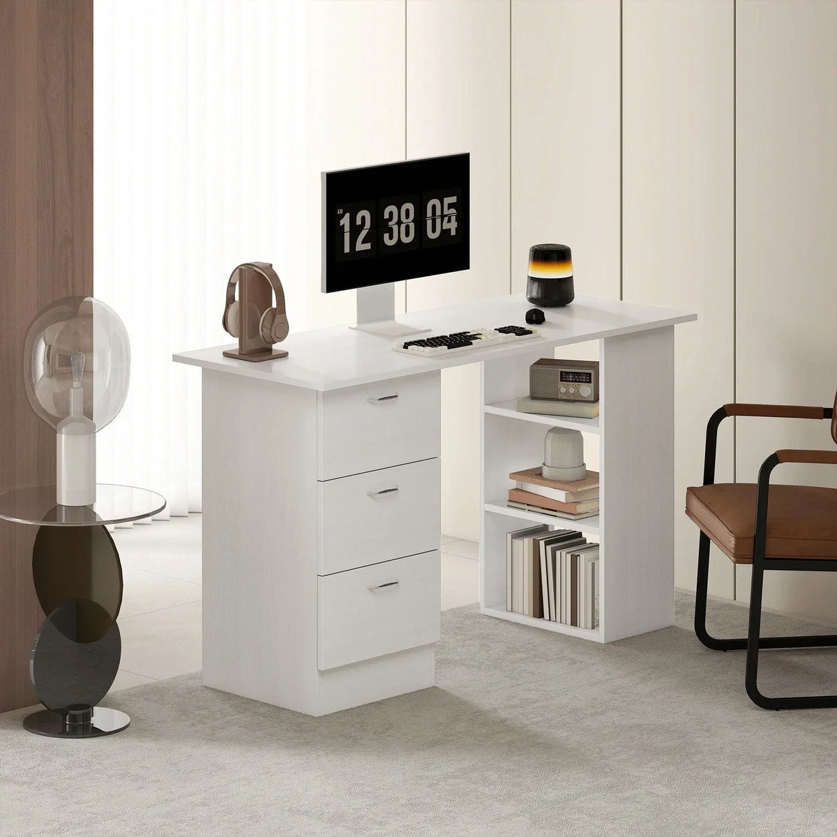 120cm Computer Desk PC Table Workstation w/ 3 Shelf & Drawers White — alternate product view 8