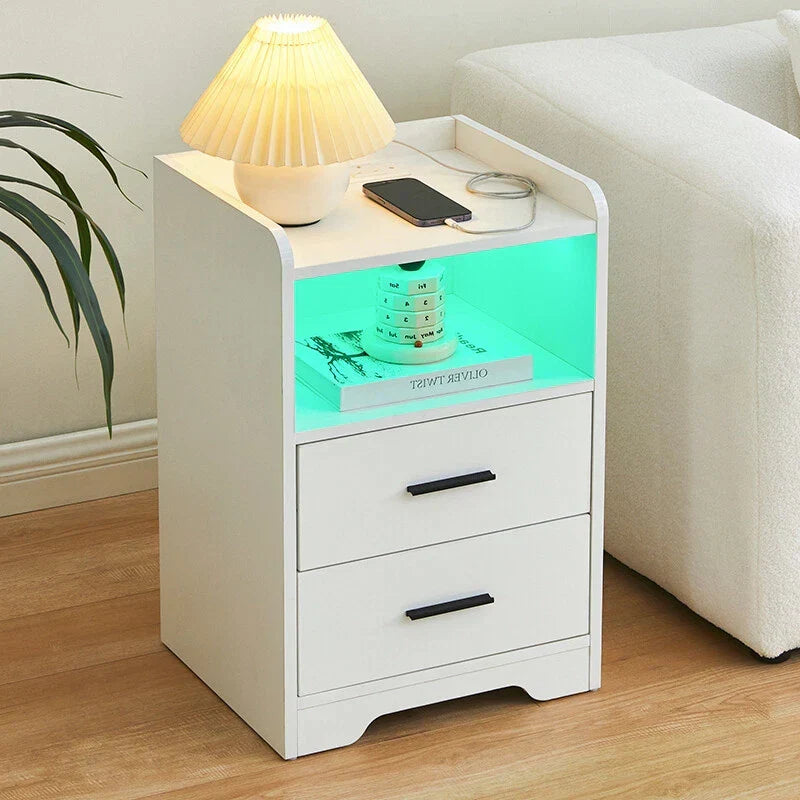 LED Light Bedside Table Nightstand High Gloss 2 Drawers USB Port Power Plug — alternate product view 4