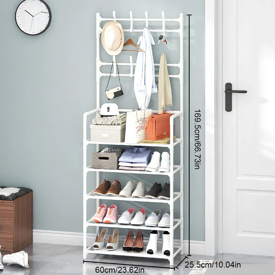 8 Hooks Coat and Hat Stand Metal + Plastic Shoe Rack Bedroom Shelf Hanger — 5 Tiers White — product view