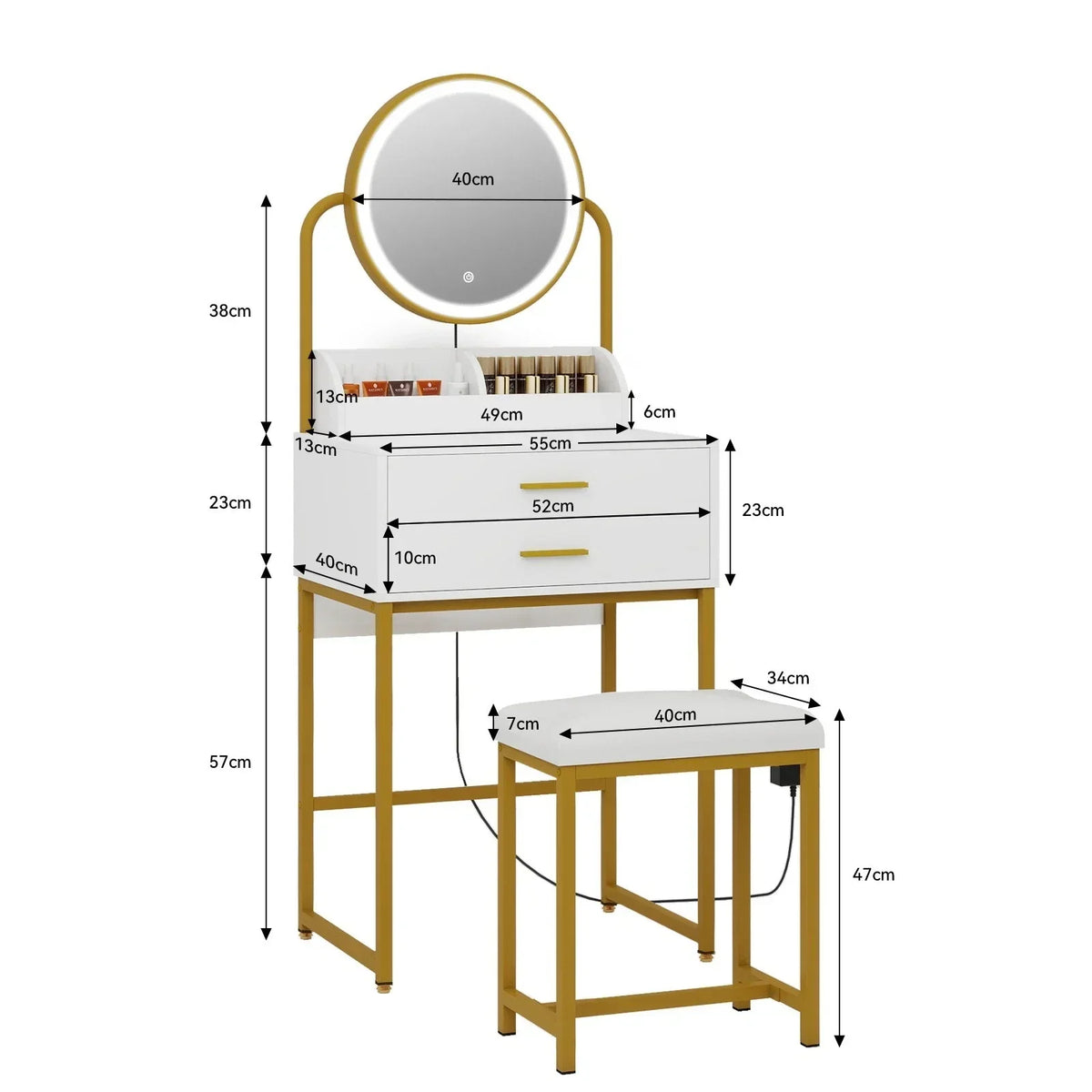 Modern Vanity Dressing Table LED Light Mirror Stool Shelves 2 Drawers Compact — on a clean white background