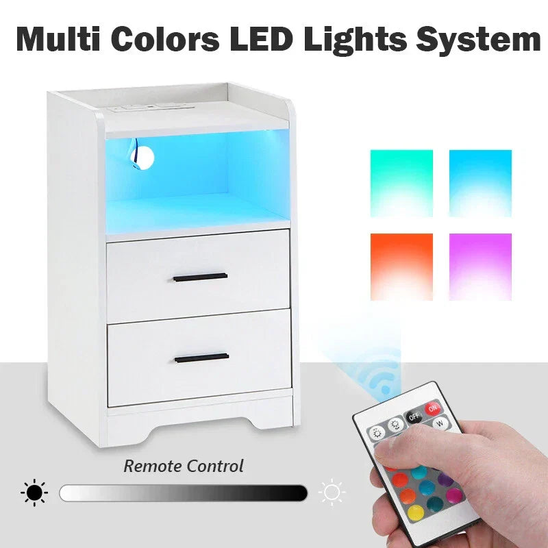 LED Light Bedside Table Nightstand High Gloss 2 Drawers USB Port Power Plug — alternate product view 8