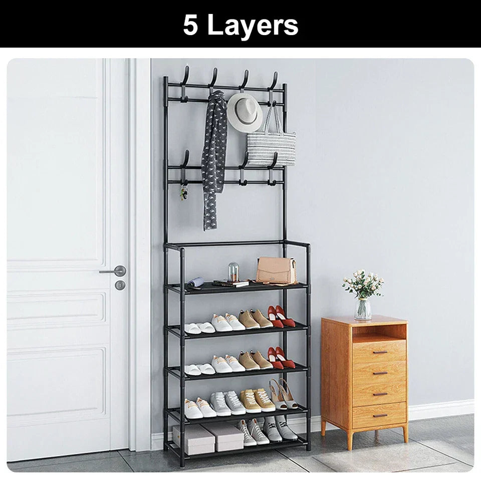 8 Hooks Coat and Hat Stand Metal + Plastic Shoe Rack Bedroom Shelf Hanger — 5 Tiers Black — product view