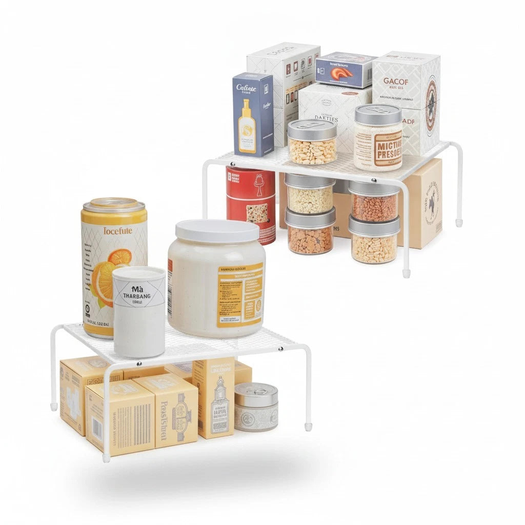Kitchen Cupboard Shelf Risers — Set of 2 — on a clean white background