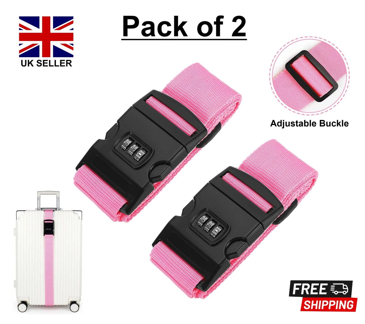 Adjustable Suitcase Luggage Straps — 2 Pack — on a clean white background