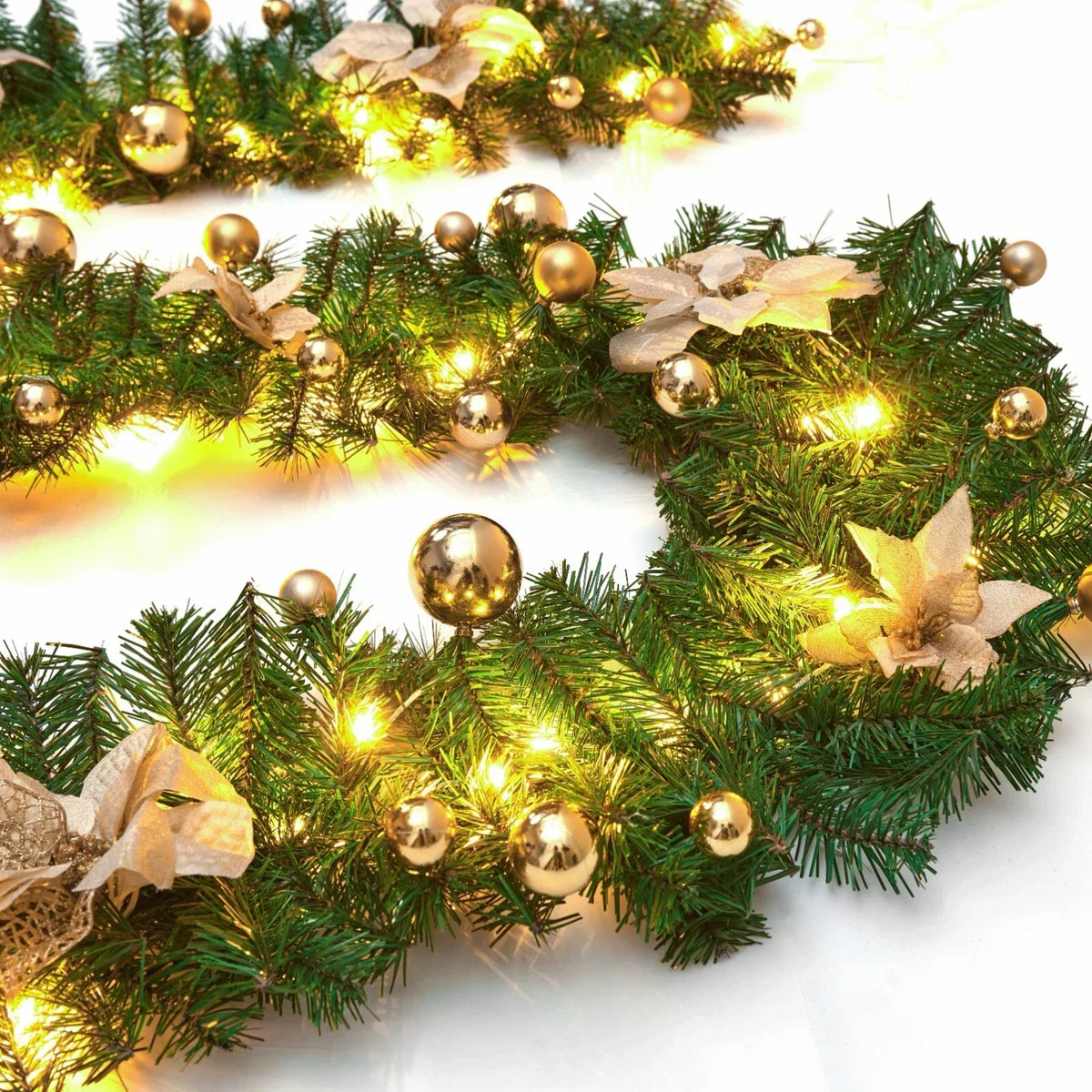 9FT Pre Lit Christmas Garland LED Lights Wreath Xmas Decorations Christmas Balls — Gold — product view