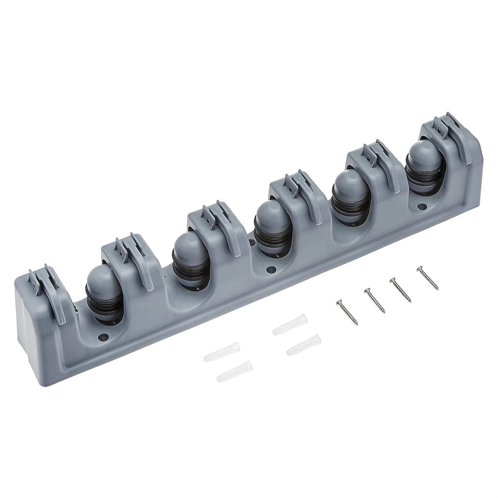 Duplicate Review — Wall-Mounted Mop & Broom Organiser — 5 Grips + 6 Hooks — on a clean white background