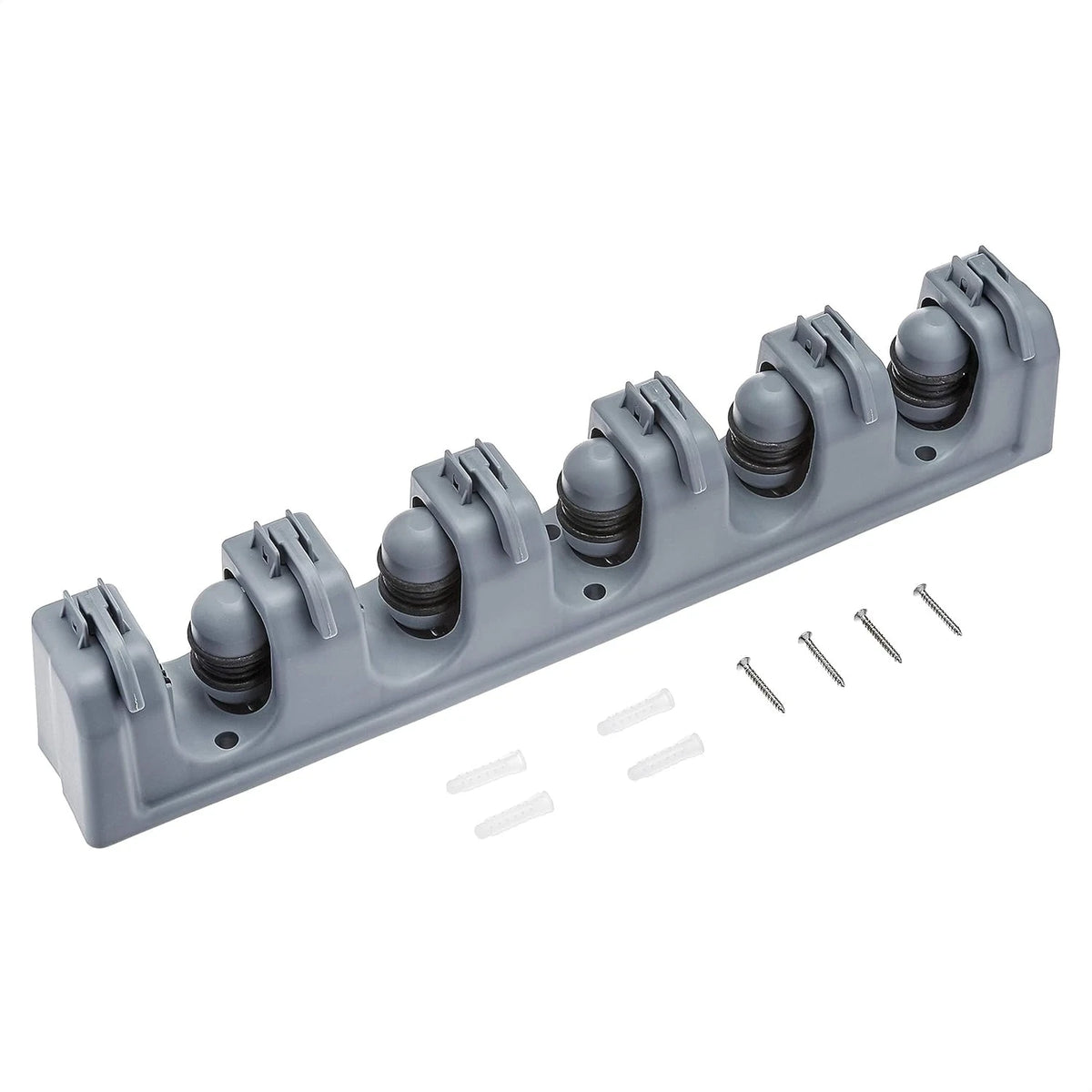 Duplicate Review — Wall-Mounted Mop & Broom Organiser — 5 Grips + 6 Hooks — on a clean white background