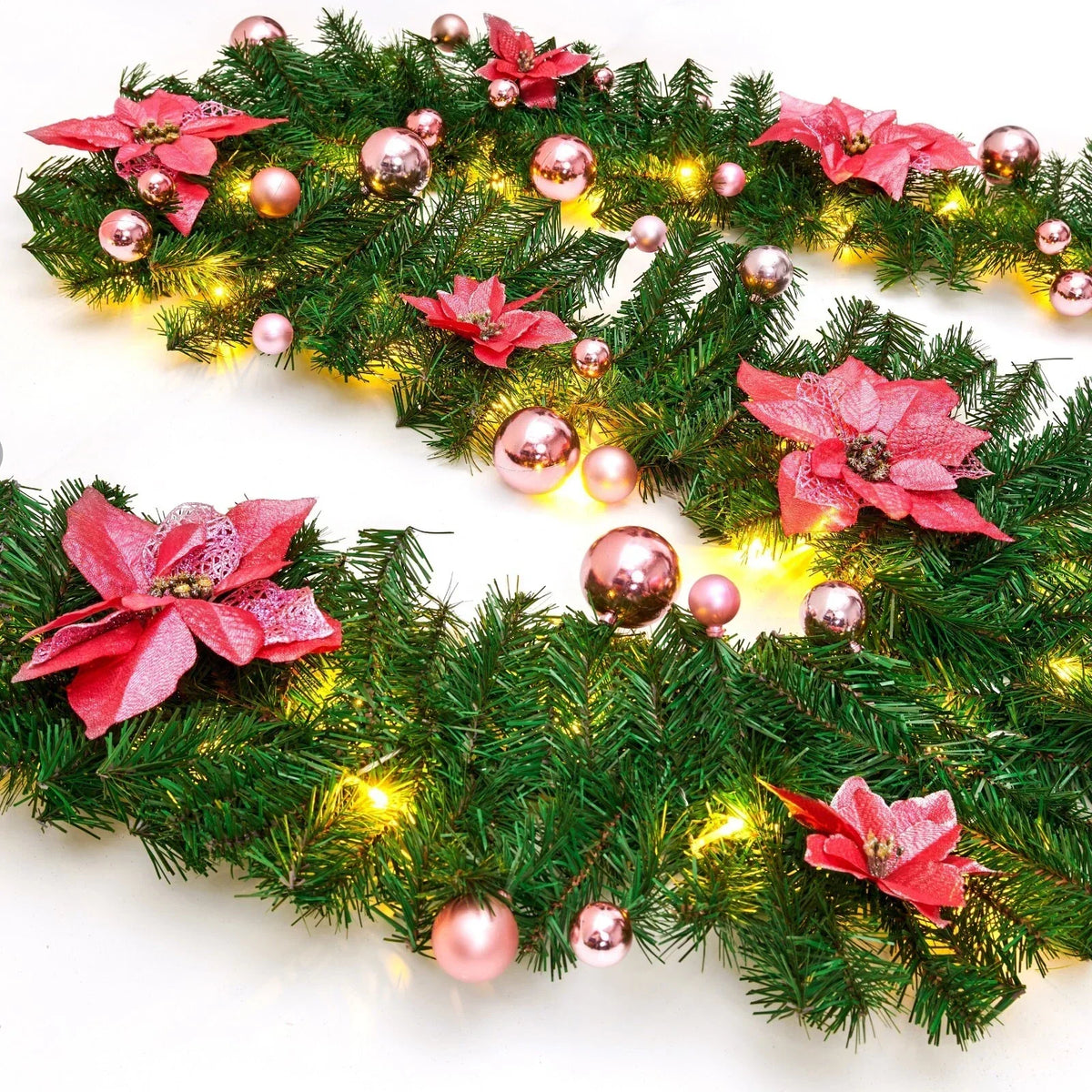 9FT Pre Lit Christmas Garland LED Lights Wreath Xmas Decorations Christmas Balls — Pink — product view