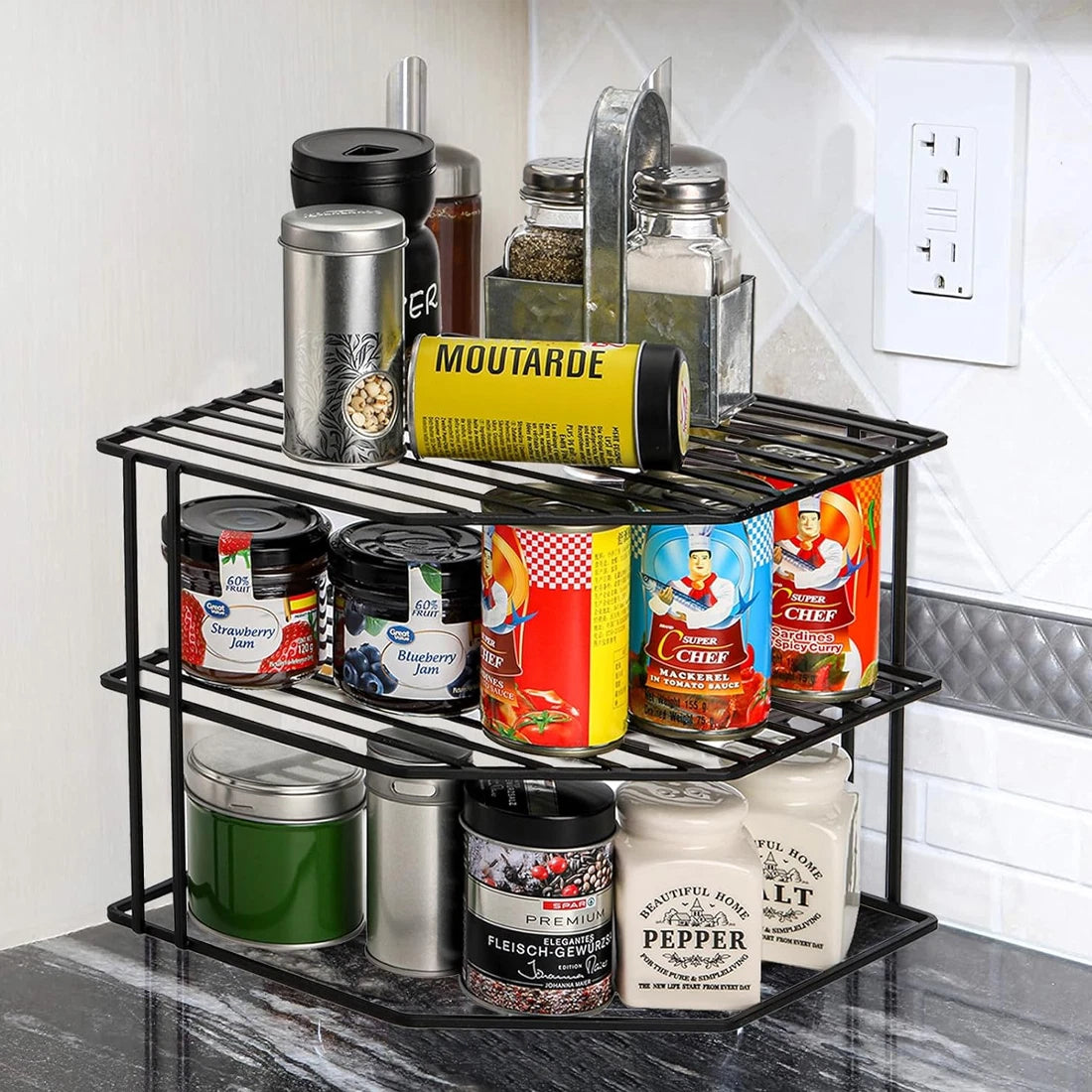 Three-Tier Corner Cupboard Plate Rack — Black — main product view
