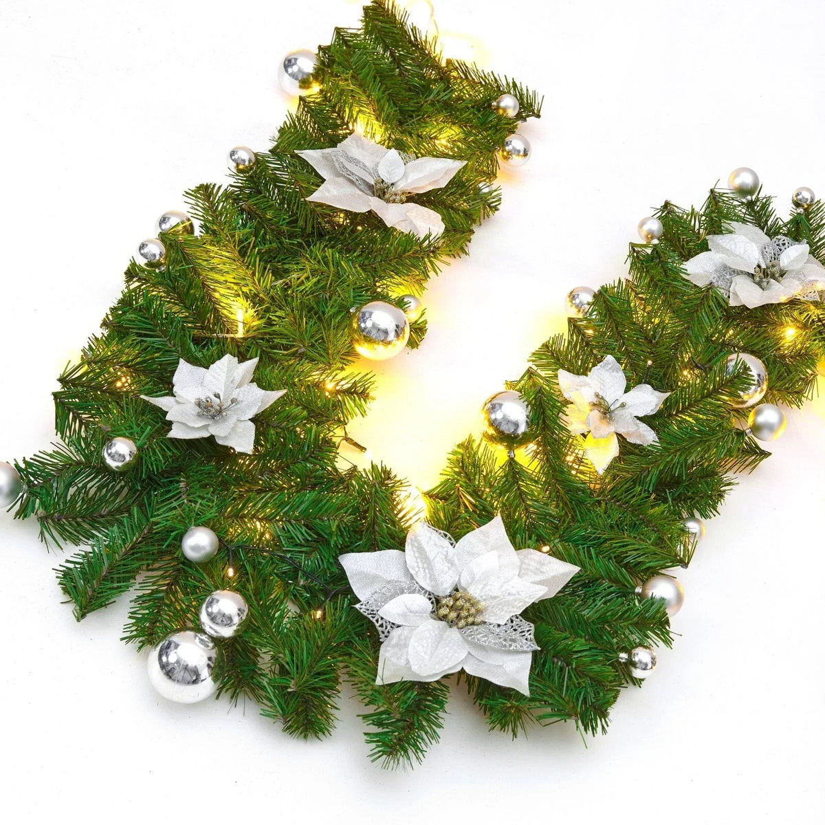 9FT Pre Lit Christmas Garland LED Lights Wreath Xmas Decorations Christmas Balls — Silver — product view
