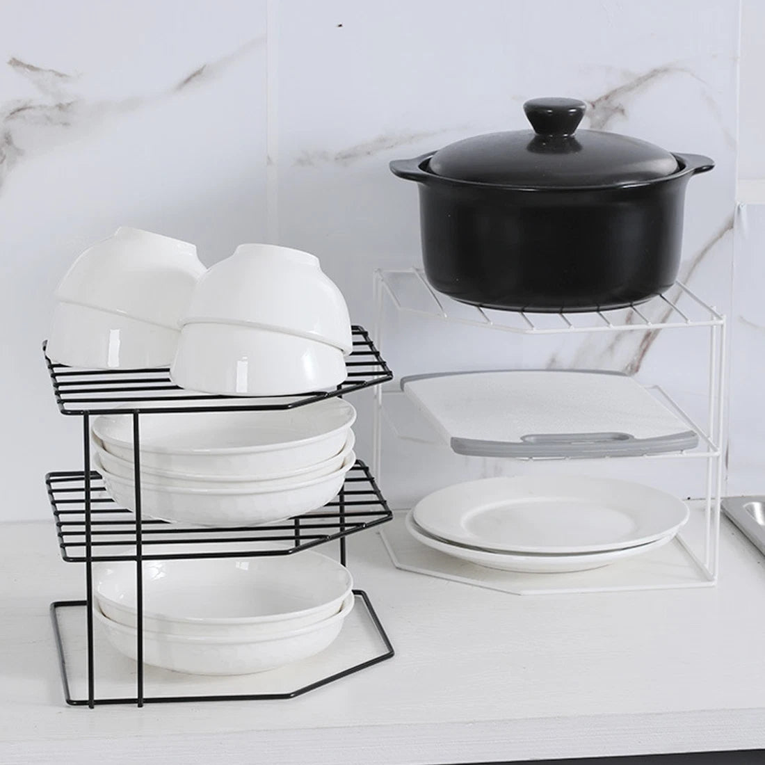 Three-Tier Corner Cupboard Plate Rack — White — product view