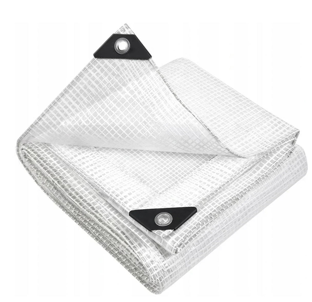 Heavy-Duty Waterproof Mesh Reinforced Transparent Polyethylene Sheeting Clear Tarpaulin — on a clean white background