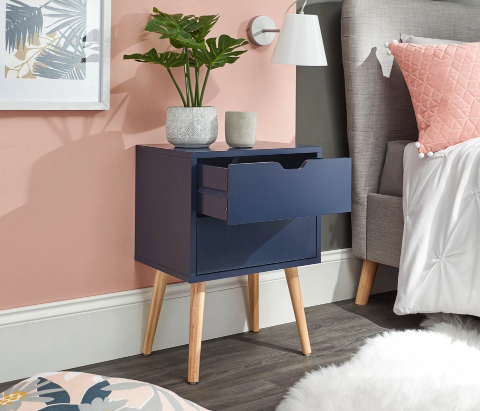 Nyborg Single 2 Drawer Bedside Cabinet Lamp Table Nightstand Blue — alternate product view 2
