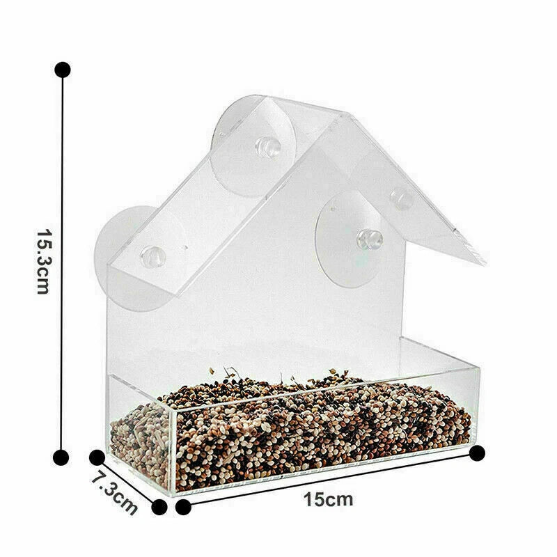 Compact transparent bird feeder viewed from the side