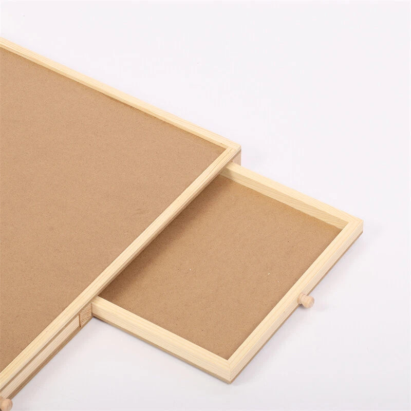 Wooden puzzle board surface and drawer layout