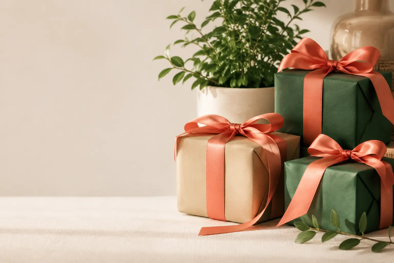 Forest green and kraft gifts wrapped with coral ribbon