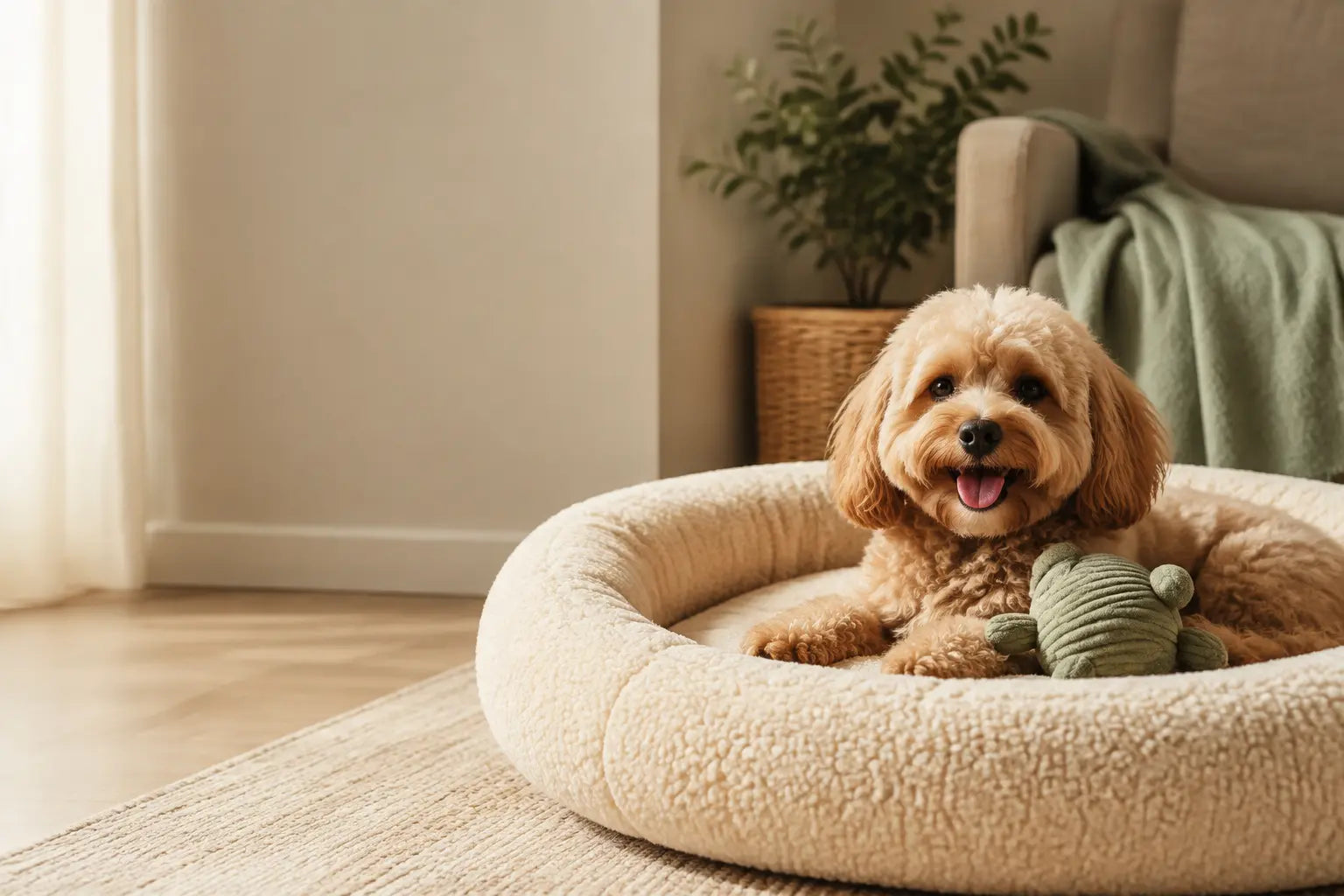 A happy small dog relaxing in a comfortable cream pet bed